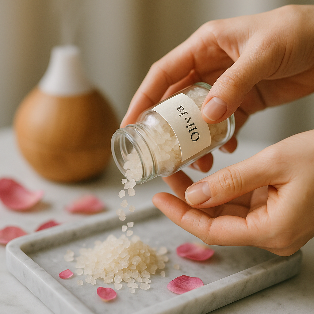 Gros plan sur des sels de bain personnalisés versés depuis un pot en verre, pétales de rose autour