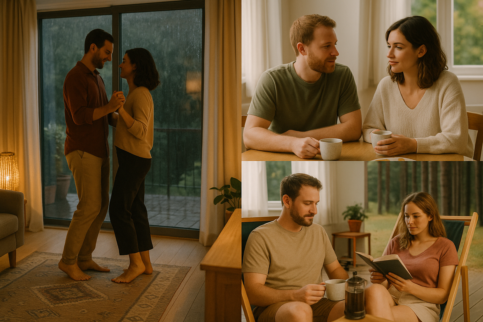 Série de scènes authentiques de couples vivant des instants simples et heureux en vacances