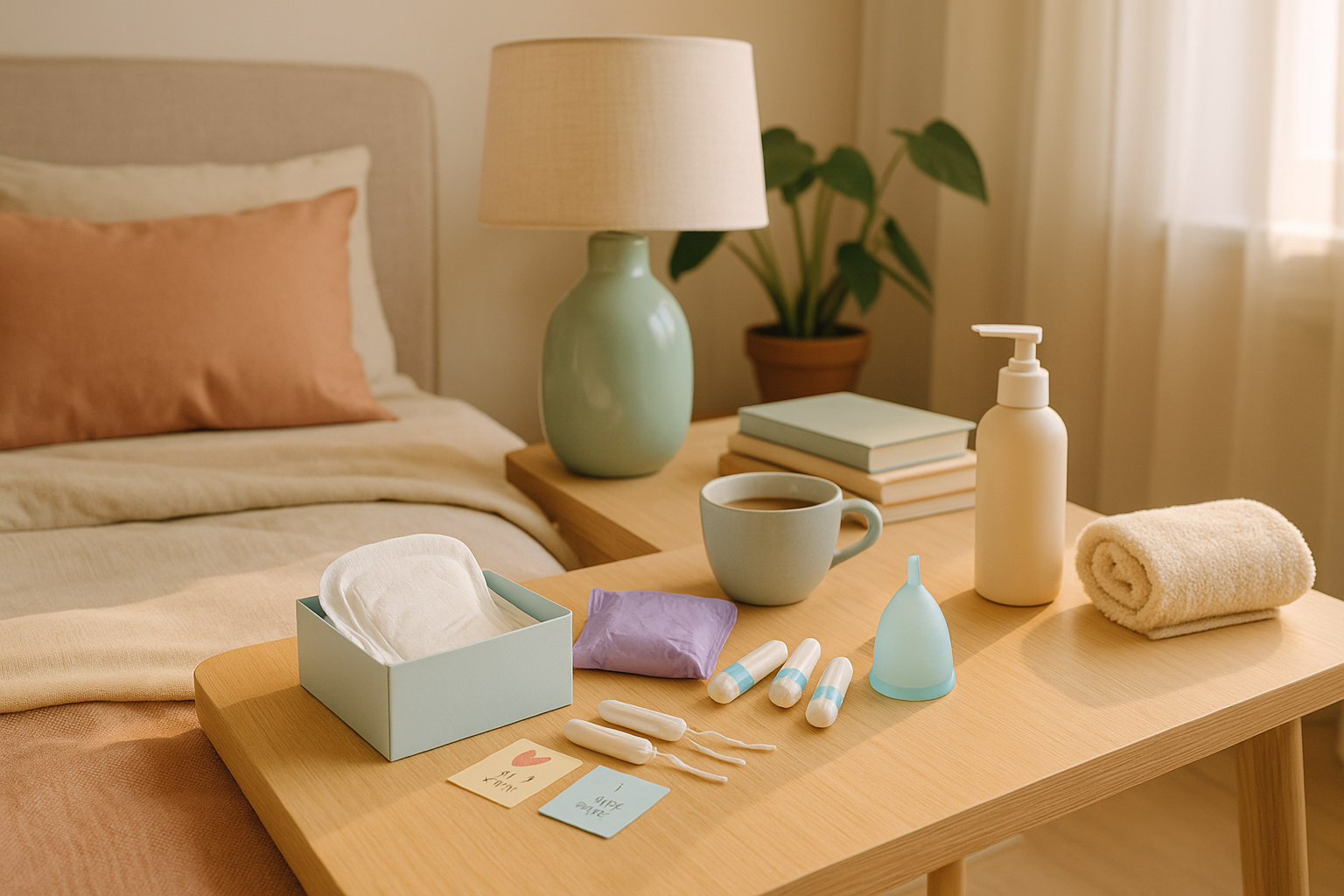 Une chambre intime et propre avec des produits d'hygiène sur la table de nuit.