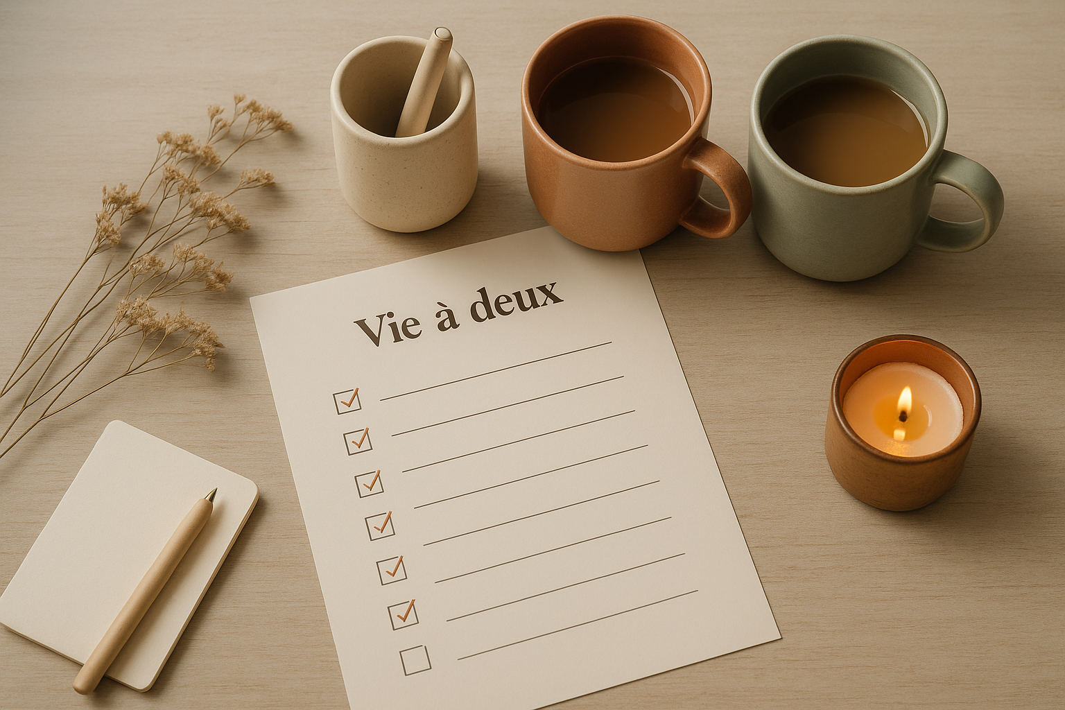 Vue d'ensemble d'un bureau cosy avec une checklist symbolique pour la cohabitation