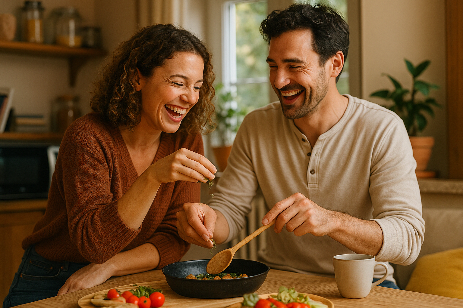 Un couple qui rit ensemble en cuisinant dans une ambiance détendue