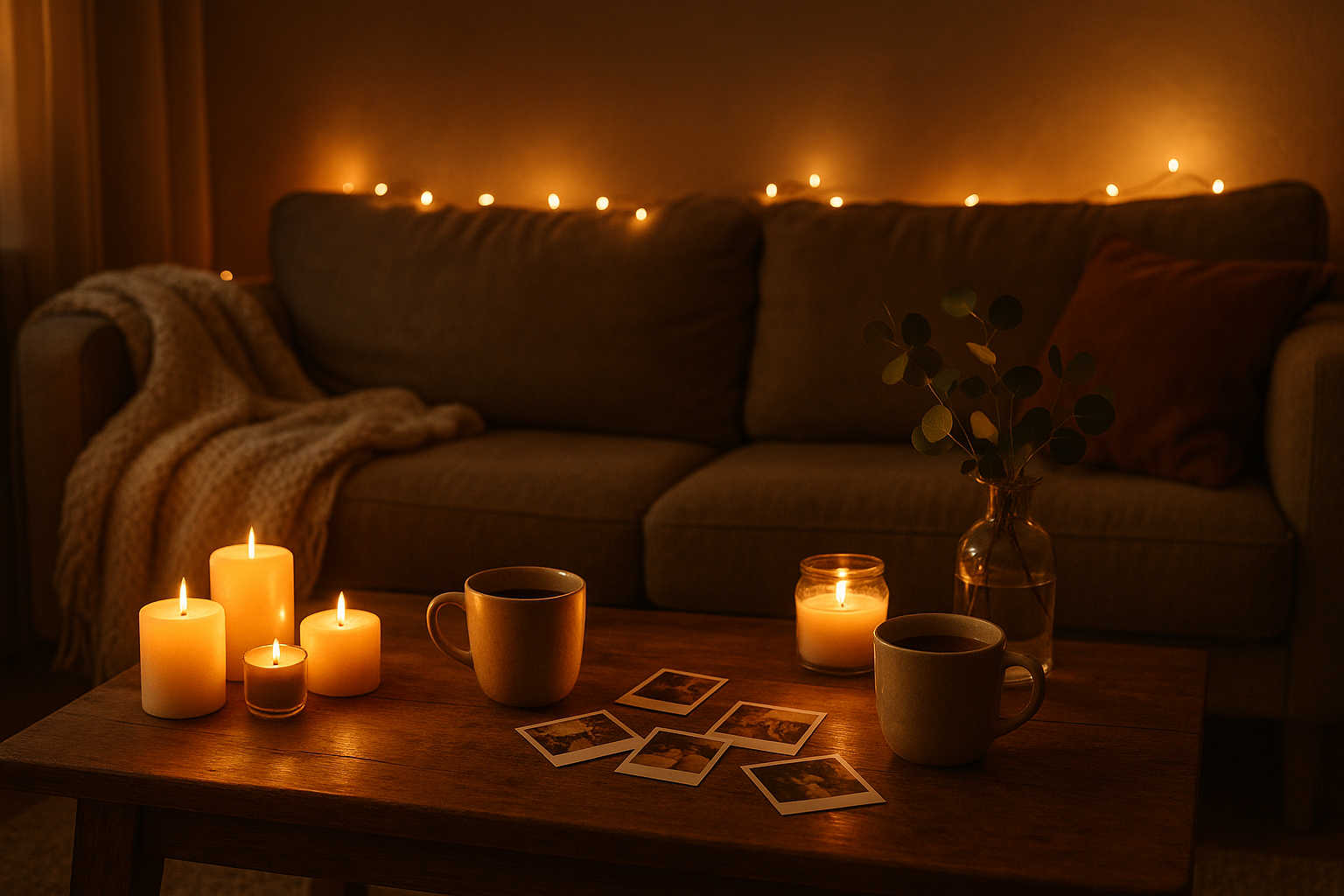 Salon cosy éclairé aux bougies et guirlandes