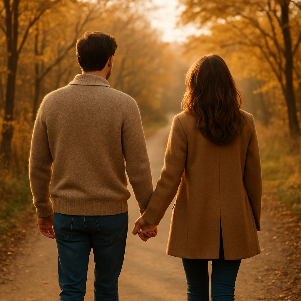 Deux personnes marchant main dans la main au coucher du soleil