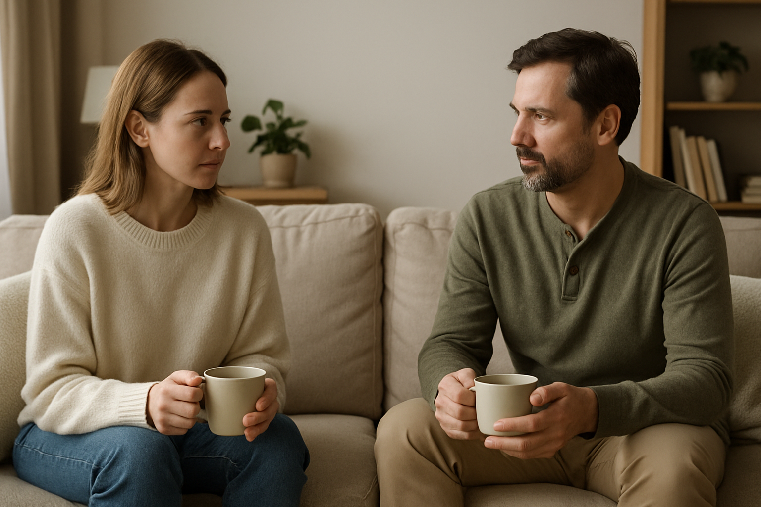 Ex-partenaires échangeant calmement dans un salon