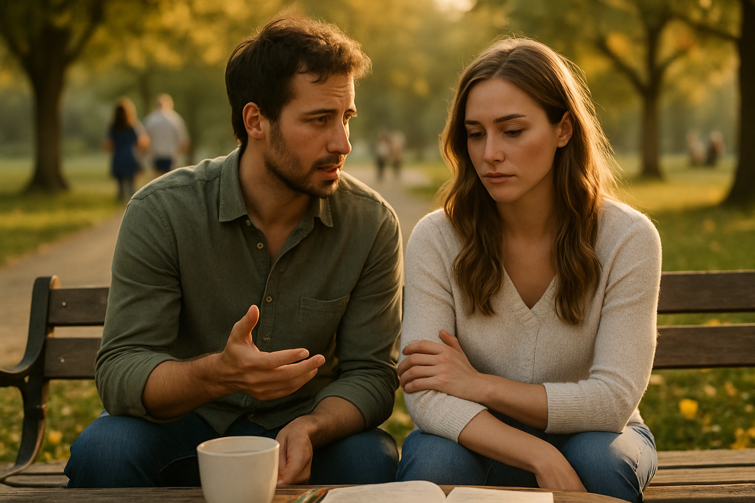 Un couple discutant sérieusement sur un banc dans un parc au coucher du soleil.
