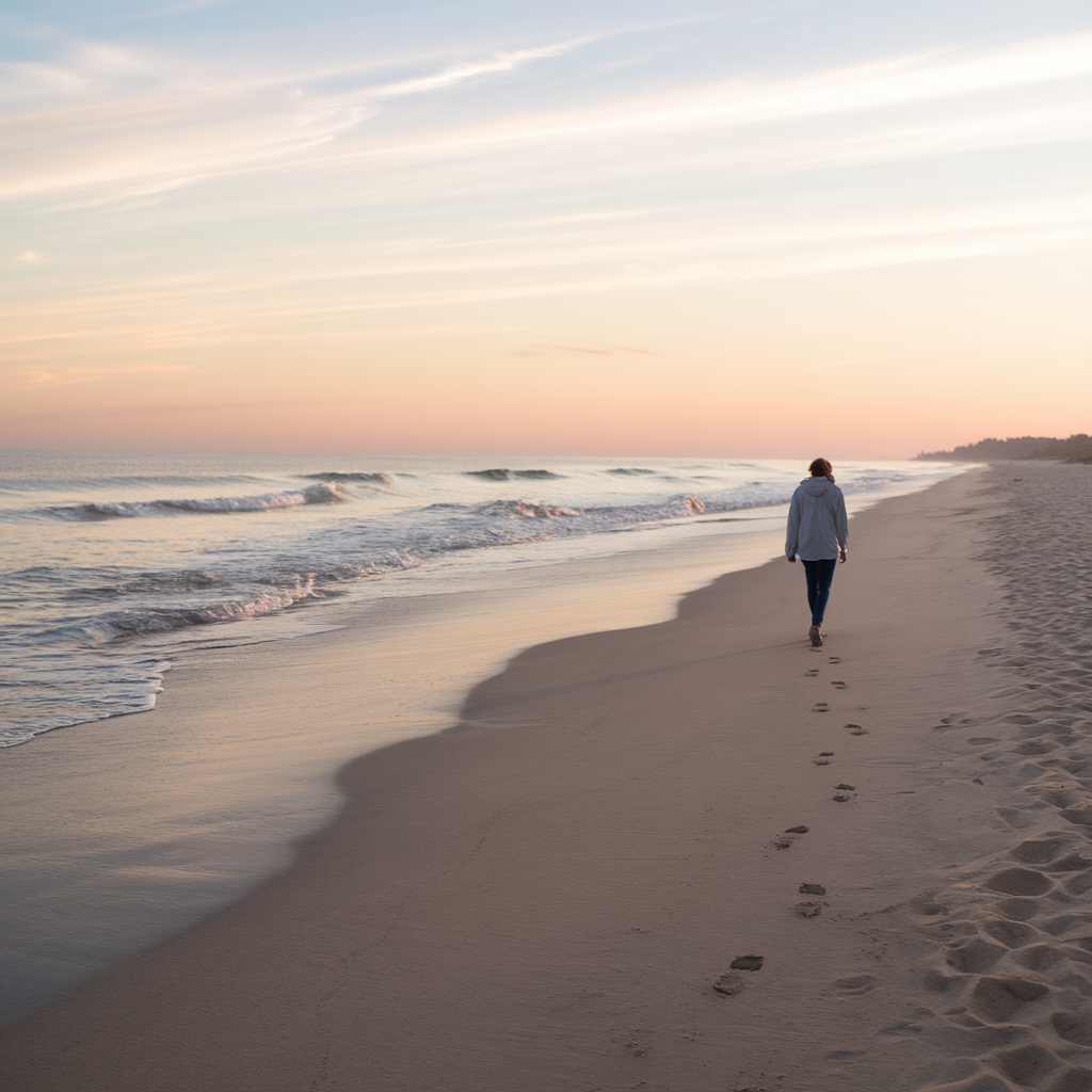 Personne marchant sur la plage avec mélancolie