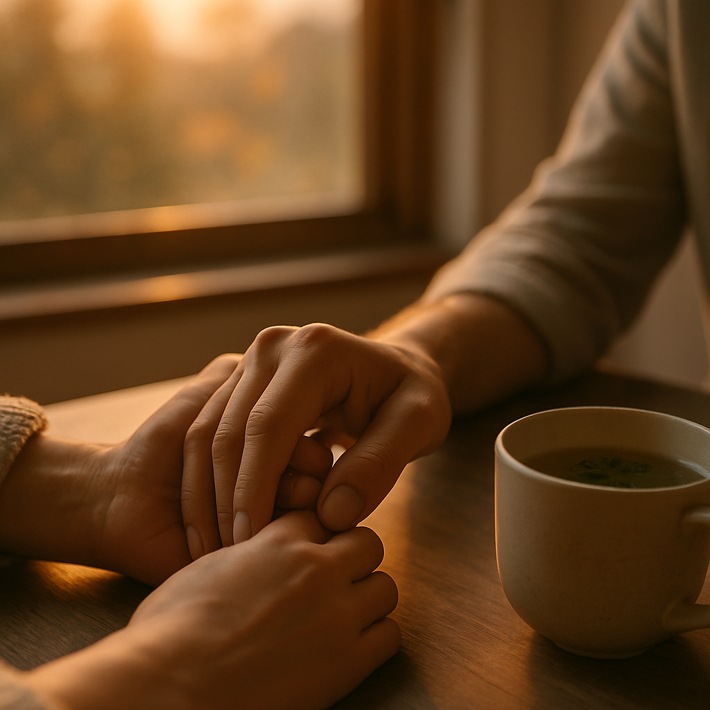 Deux mains qui s'effleurent dans la lumière du matin, avec une tasse de thé à côté