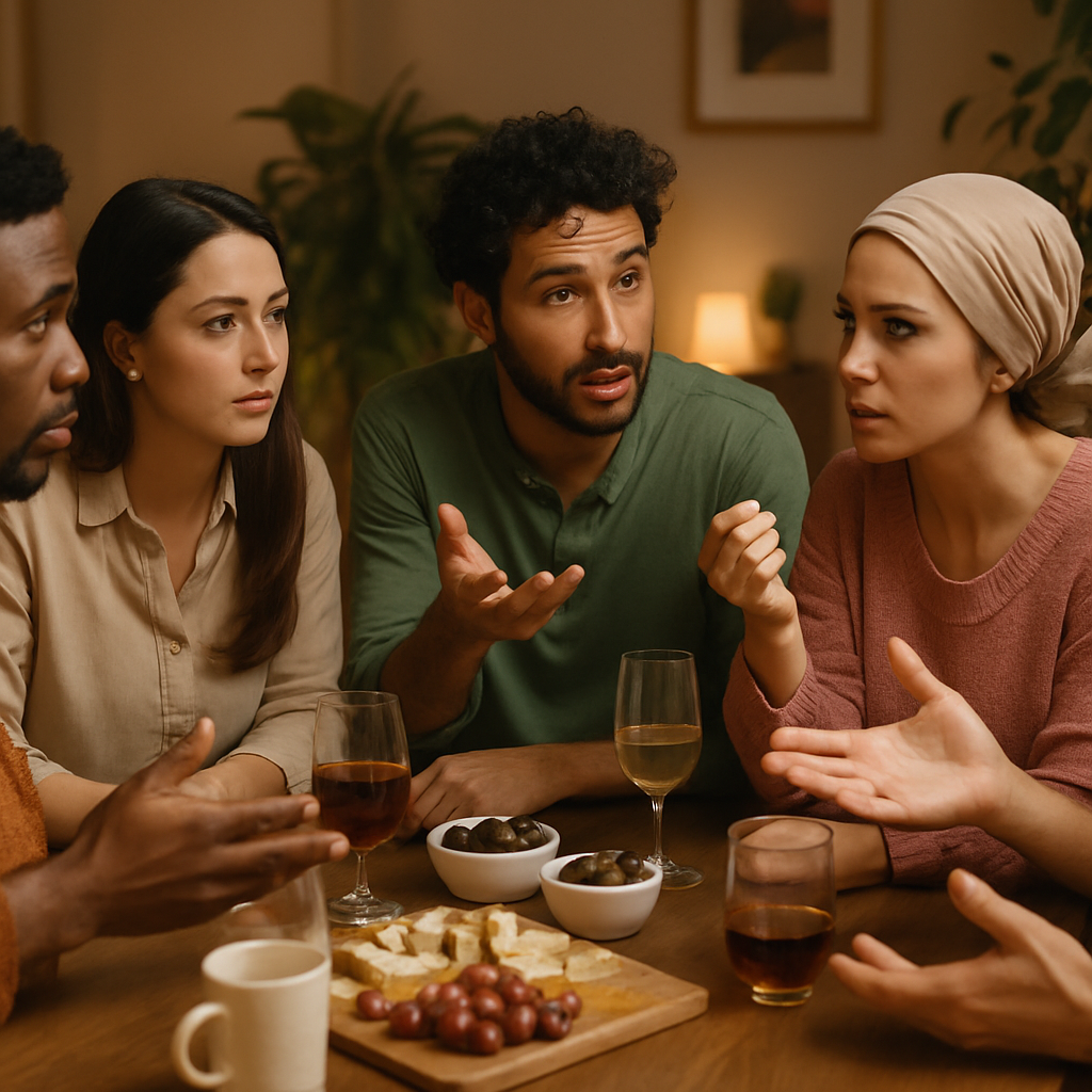 Groupe d’amis discutant autour d'une table conviviale