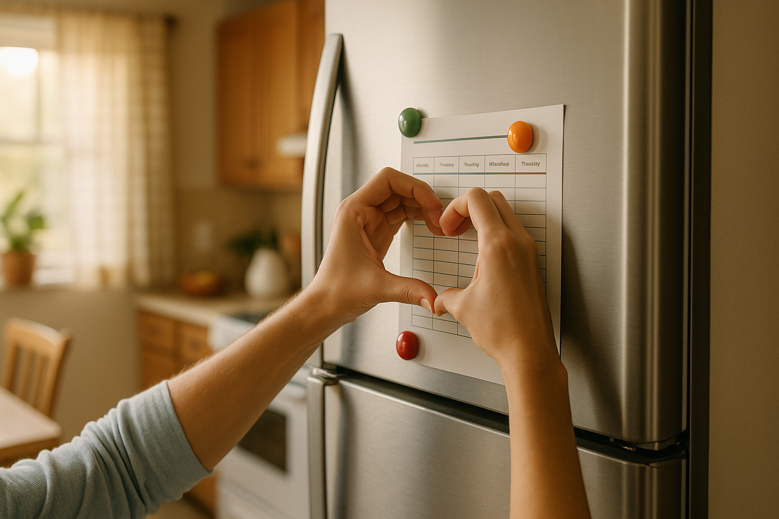 Une main accroche un planning ménager sur le frigo avec des aimants colorés