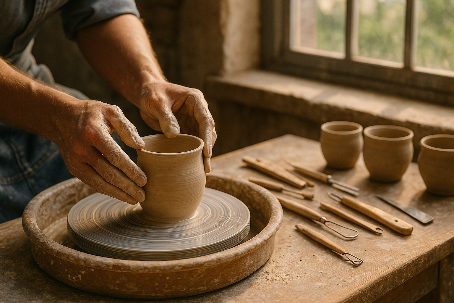 Atelier de poterie avec deux mains sur une roue