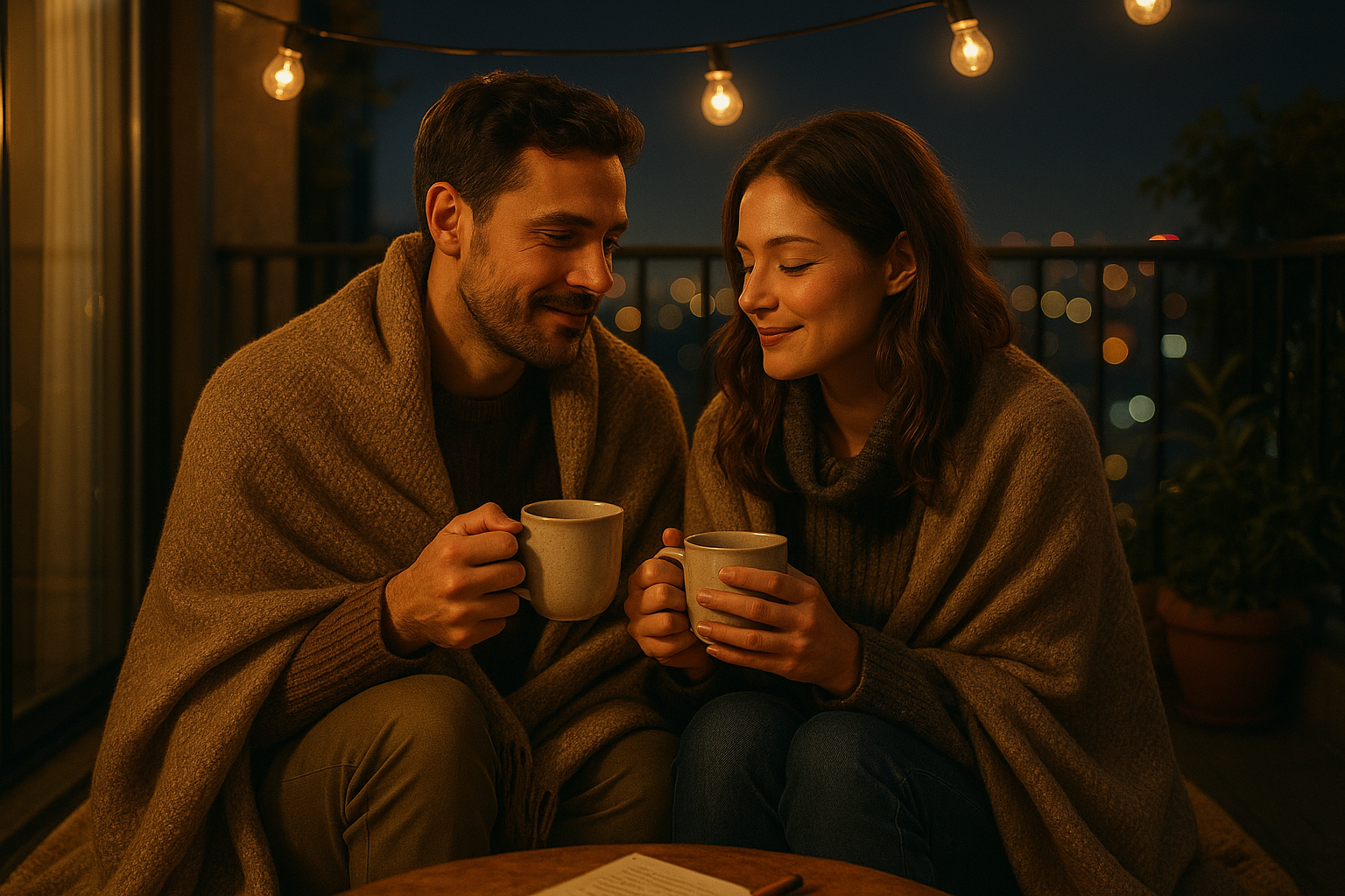 Un couple enveloppé dans un plaid, partageant un moment calme sur un balcon éclairé