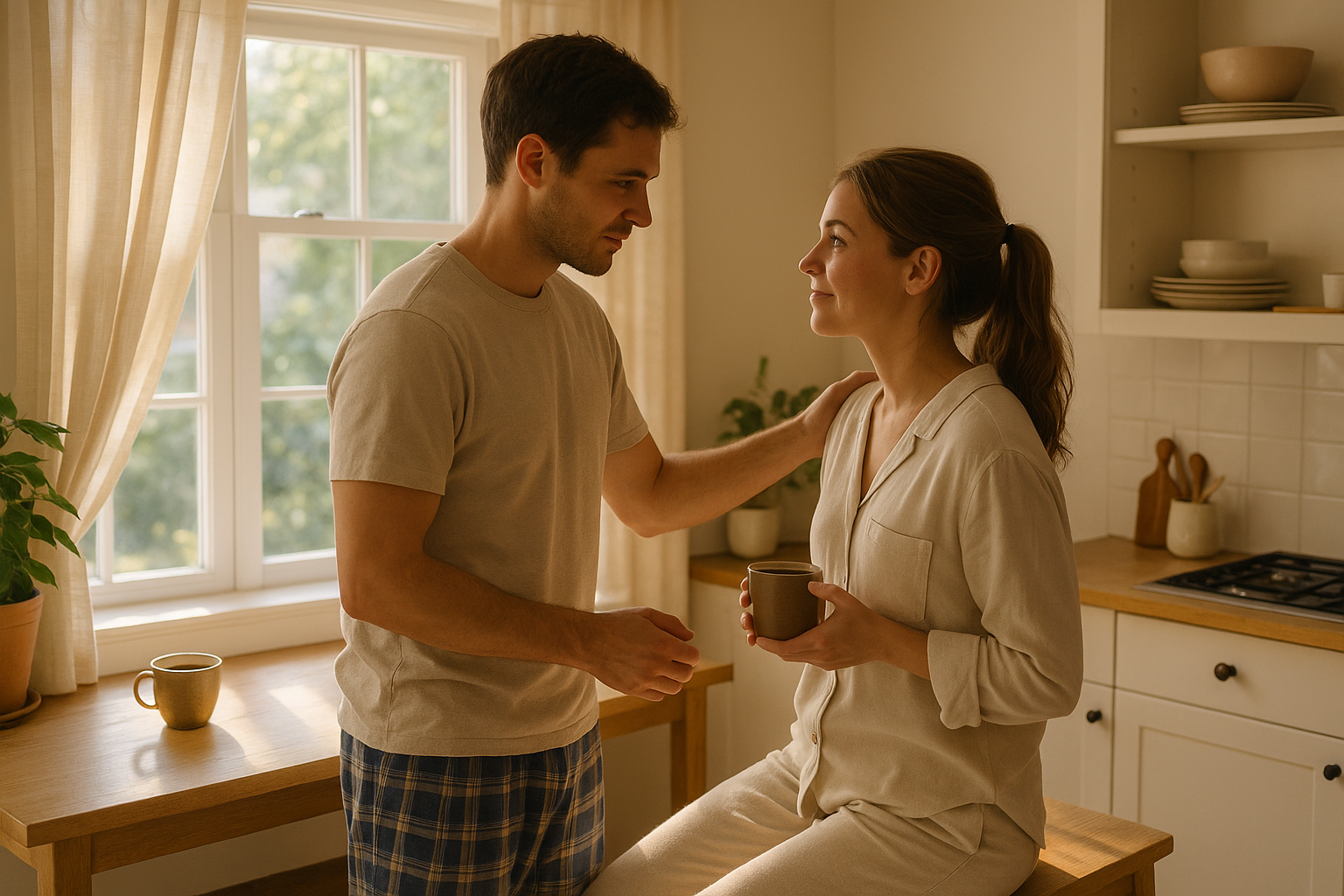 Question matinale de soutien entre partenaires dans la cuisine