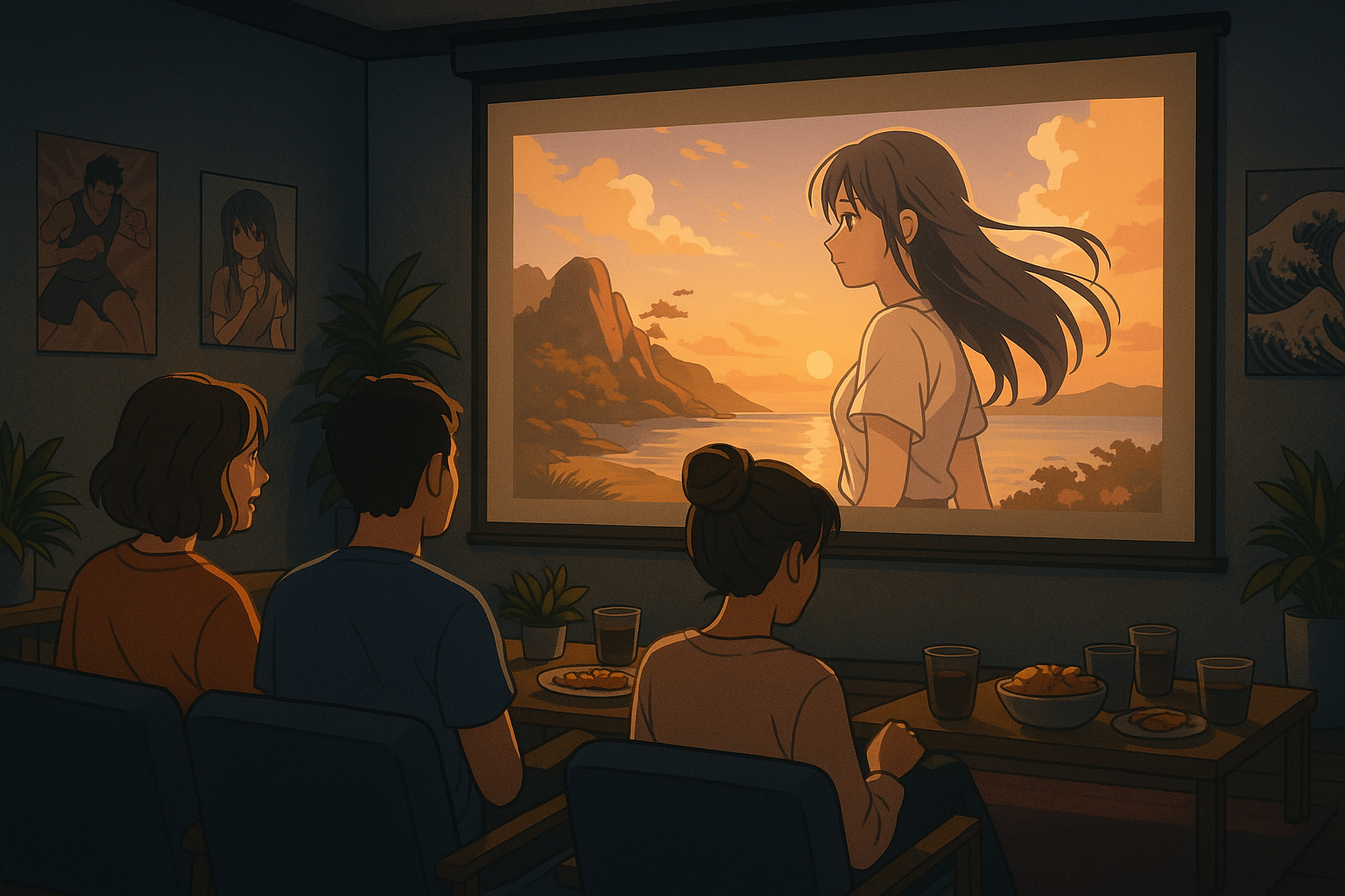 Groupe de jeunes adultes assistant à une projection de film hentaï dans une salle sombre.