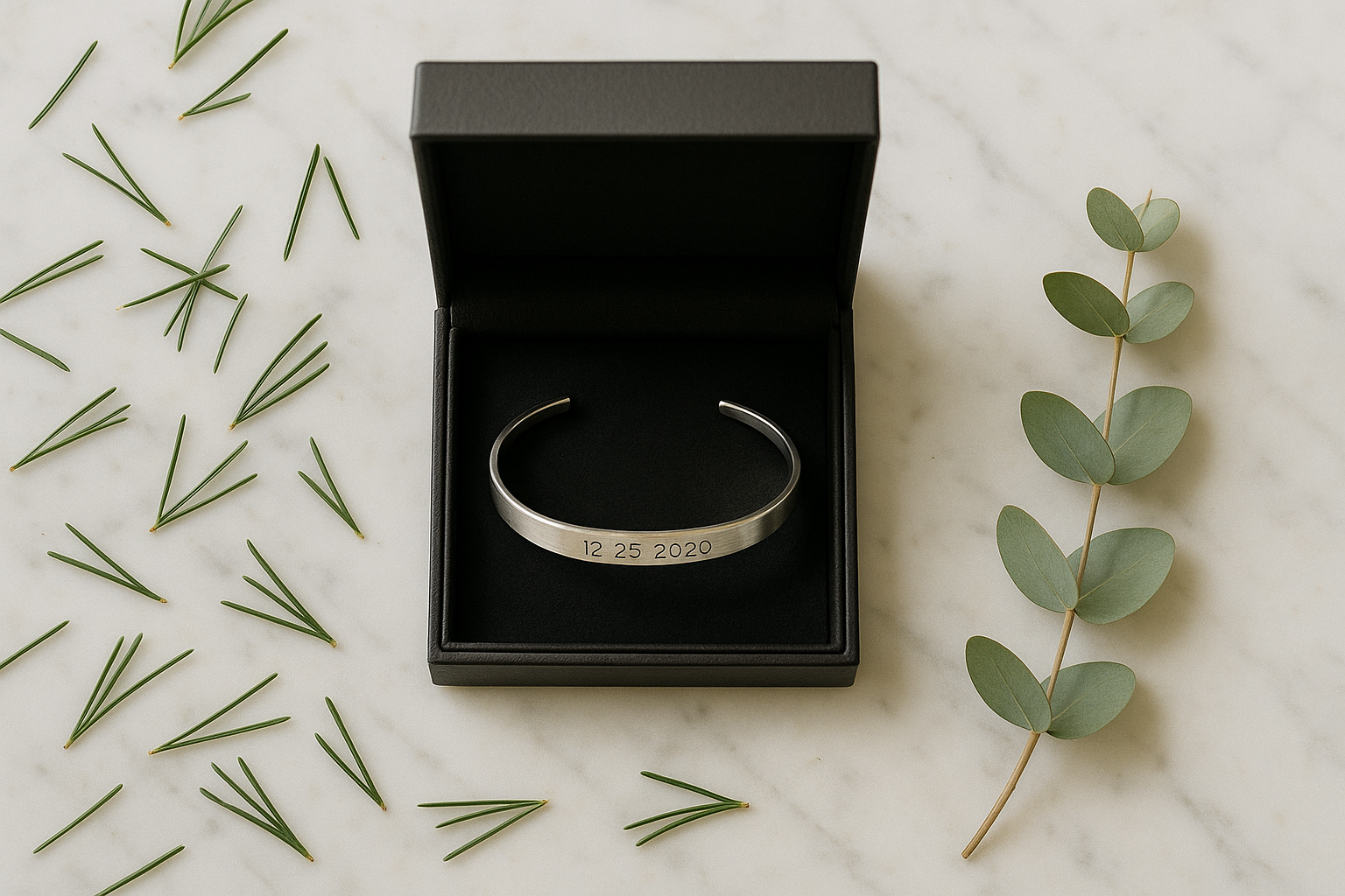 Vue plongeante d'un bracelet gravé dans son écrin, entouré de brindilles de pin et d'eucalyptus
