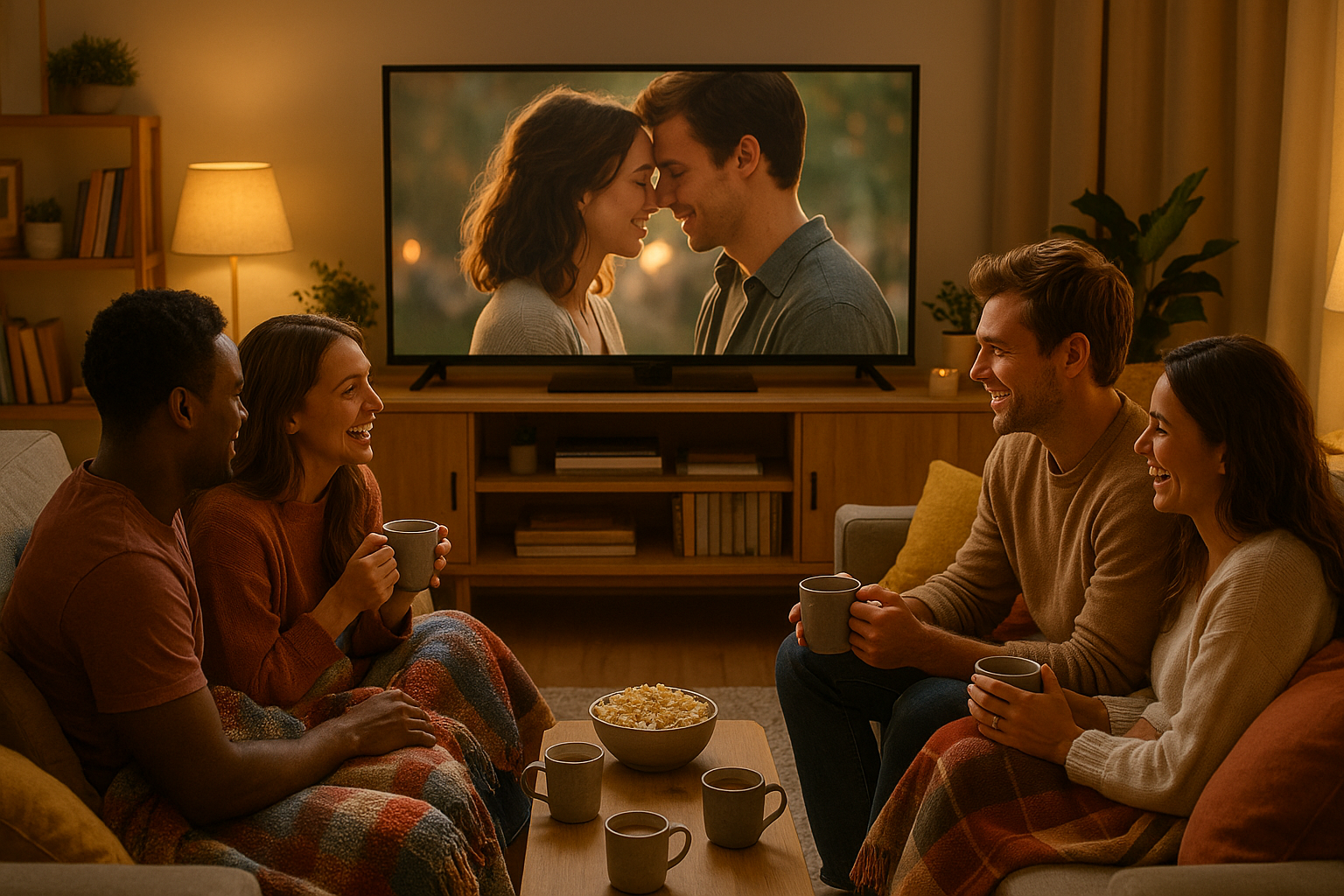 Un salon cosy préparé pour une soirée cinéma de films d'amour.